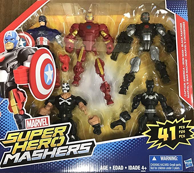 Marvel Super Hero Mashers with Captain America, Iron Man, Black Panther, Marvel's War Machine,and Marvel's Crossbones.