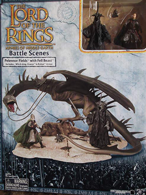 2004 - New Line / Play Along - Lord of the Rings : Armies of Middle-Earth - Battle Scenes - Pelennor Fields with Fell Beast Set - RARE - with Witch-King & Eowyn in Rohan Armor Figures - Mint - Out of Production - Limited Edition - Collectible